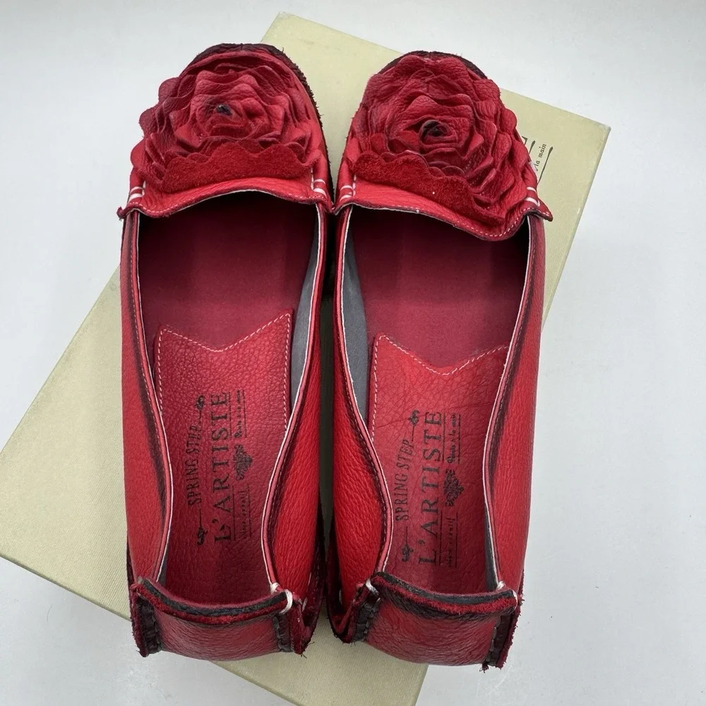 L' Artiste Spring Step Dezi Red Rose Loafers Sz 38 EU 8 US Leather Slip on Shoes